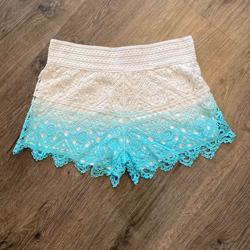 White and Aqua Ombré Lace Shorts